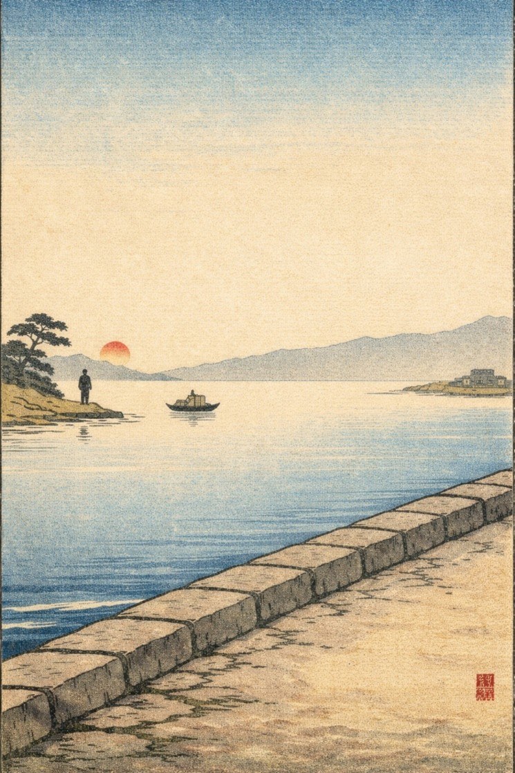 Japanse houtsnede aan de kust, man op een boot, stad in de verte, man op eiland aan de overkant, bergen aan de horion en de ondergaande zon